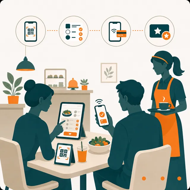 Customers using QR ordering, digital menus, and mobile payment at a table