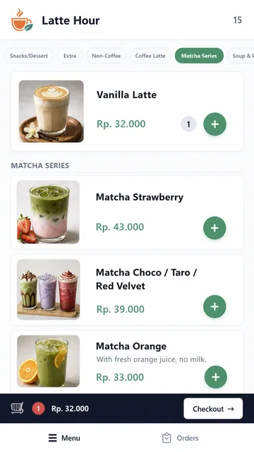Latte Hour mobile ordering menu with product photos for Vanilla Latte and matcha drinks