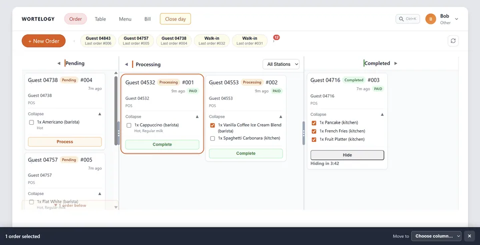 Wortelogy order board with pending, processing, and completed order columns