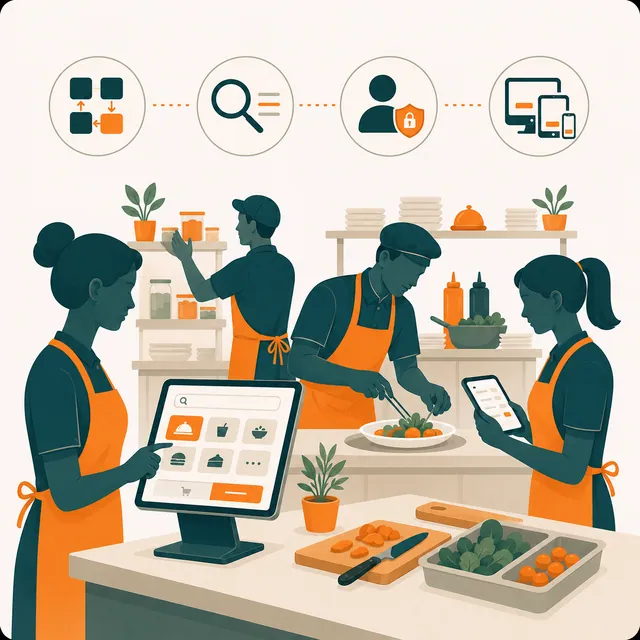 A food-service team using connected ordering tools in the kitchen
